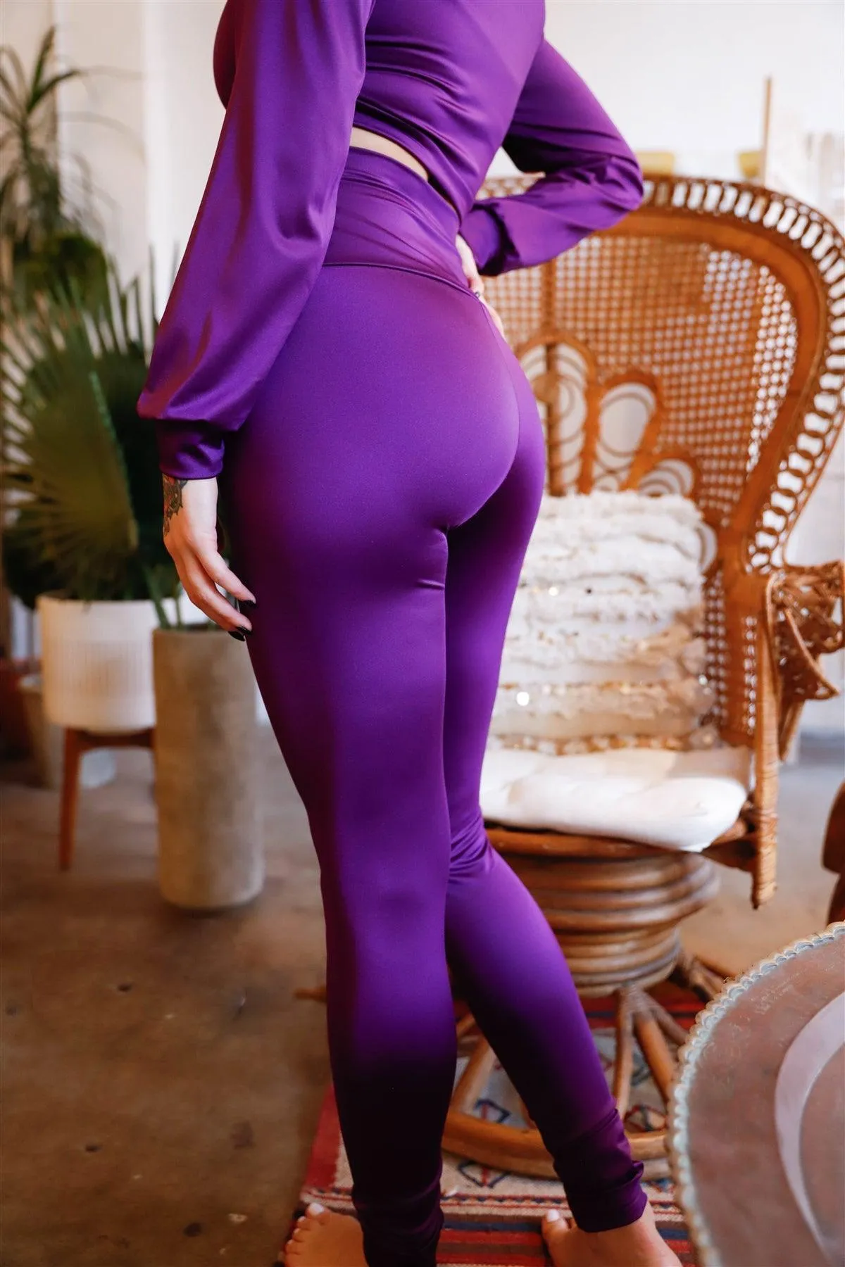 Purple Shine Half Zip Front Mock Neck Cropped Top & High Waist Leggings Set /3-1-2