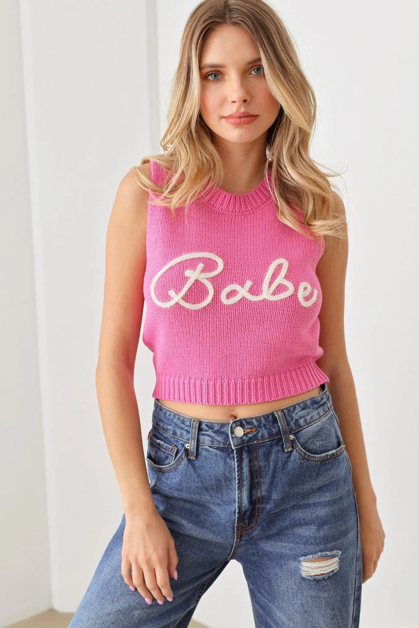 "Babe" Cropped Printed Sweater Knit Tank Vest