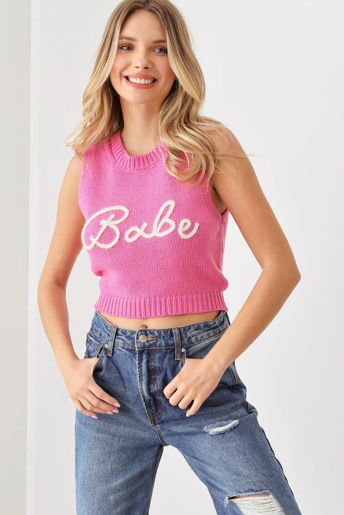 "Babe" Cropped Printed Sweater Knit Tank Vest