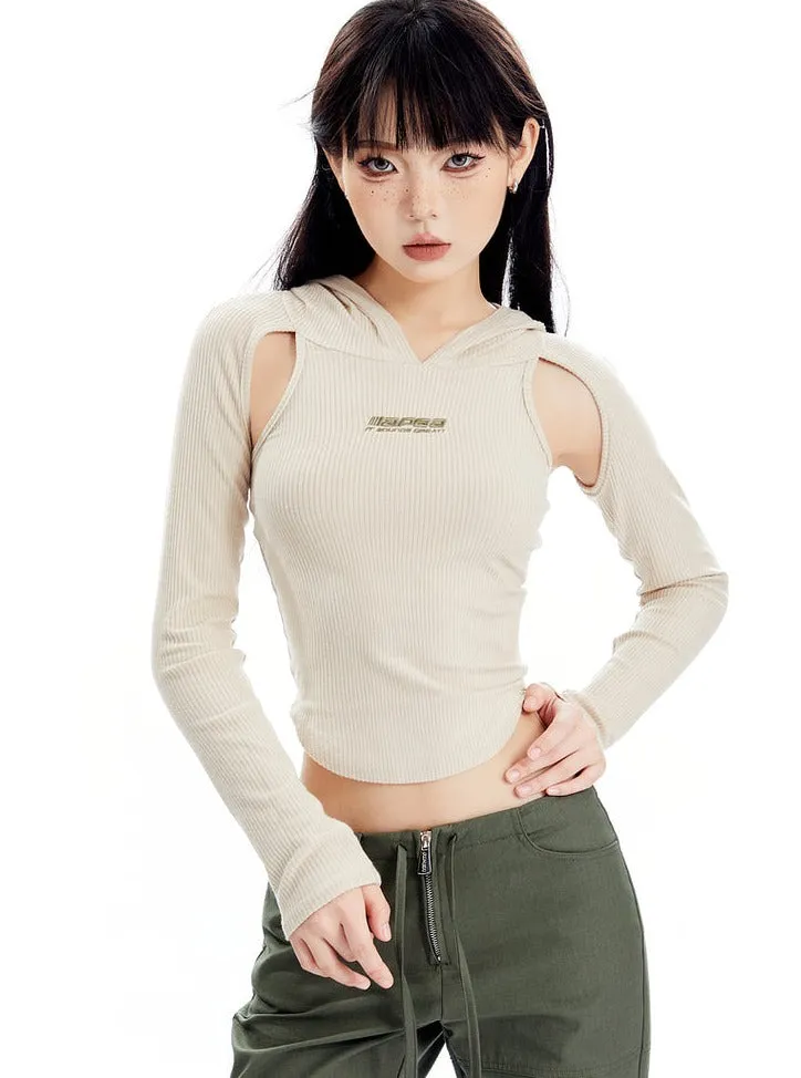 Ribbed Cold-Shoulder Cropped Hoodie