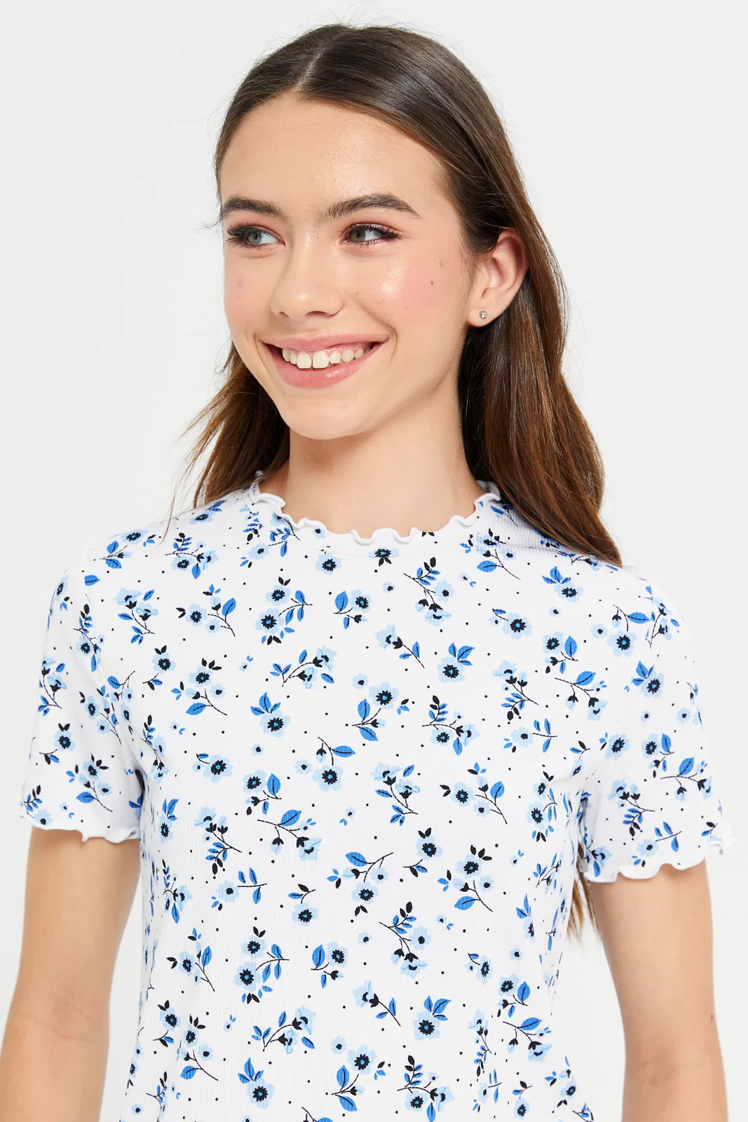 Senior Girls White And Blue Floral Rib Top