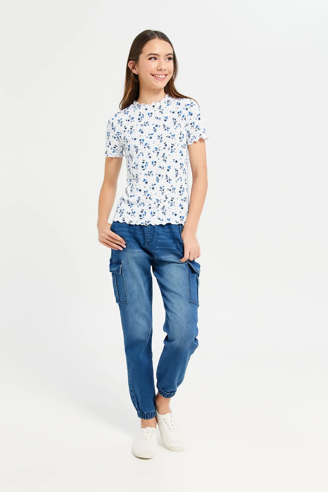 Senior Girls White And Blue Floral Rib Top