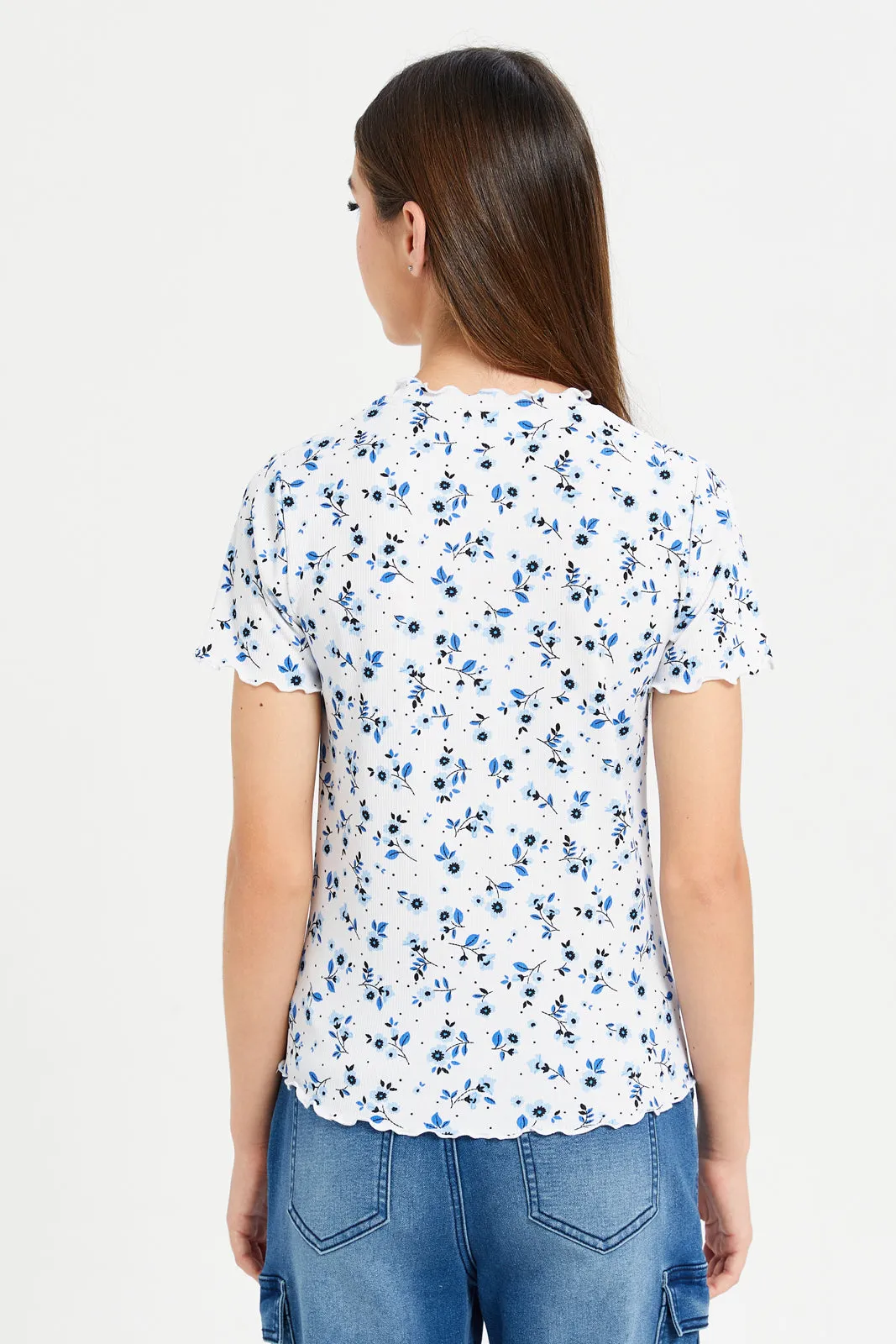 Senior Girls White And Blue Floral Rib Top