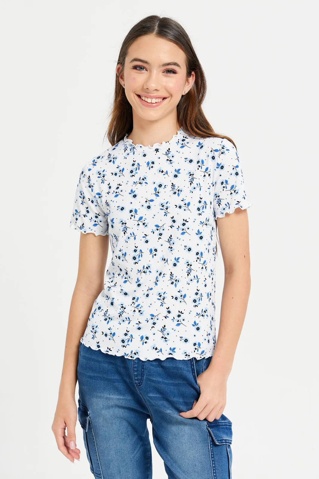 Senior Girls White And Blue Floral Rib Top