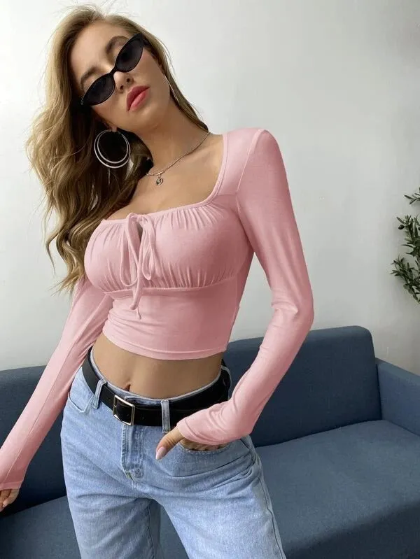 Tie Neck Ruched Bust Crop Top-Pink