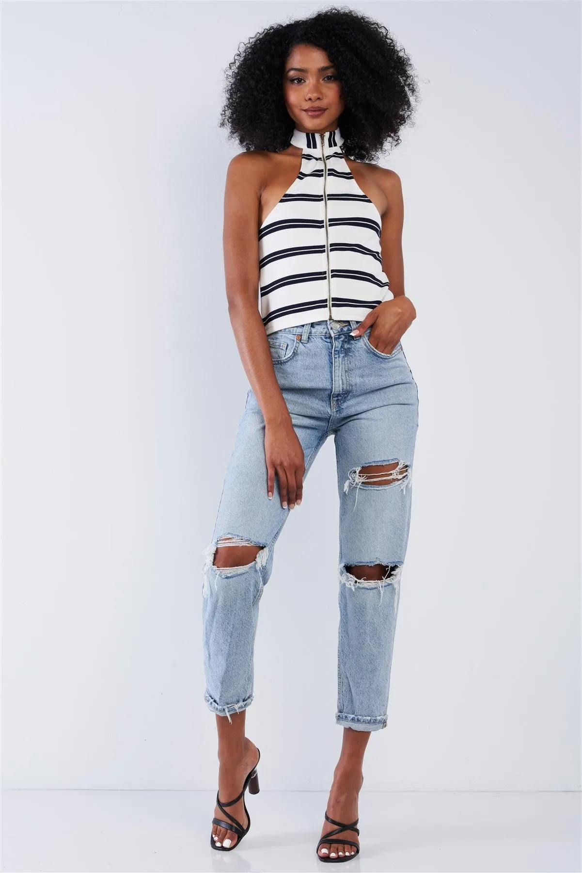 White And Navy Horizontal Double Stripe Sleeveless Loop Neckline Front Zipper Cropped Top /1-2-2-1