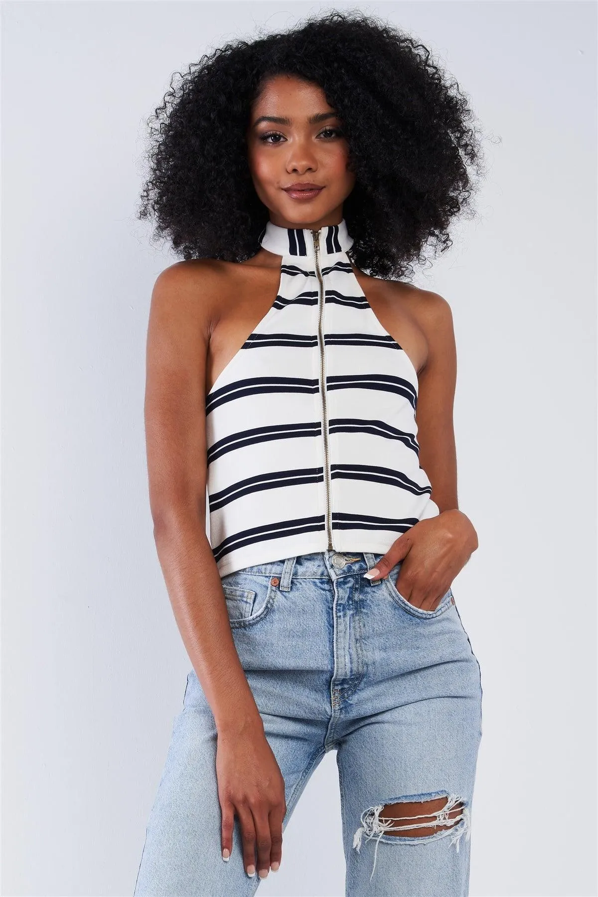 White And Navy Horizontal Double Stripe Sleeveless Loop Neckline Front Zipper Cropped Top /1-2-2-1