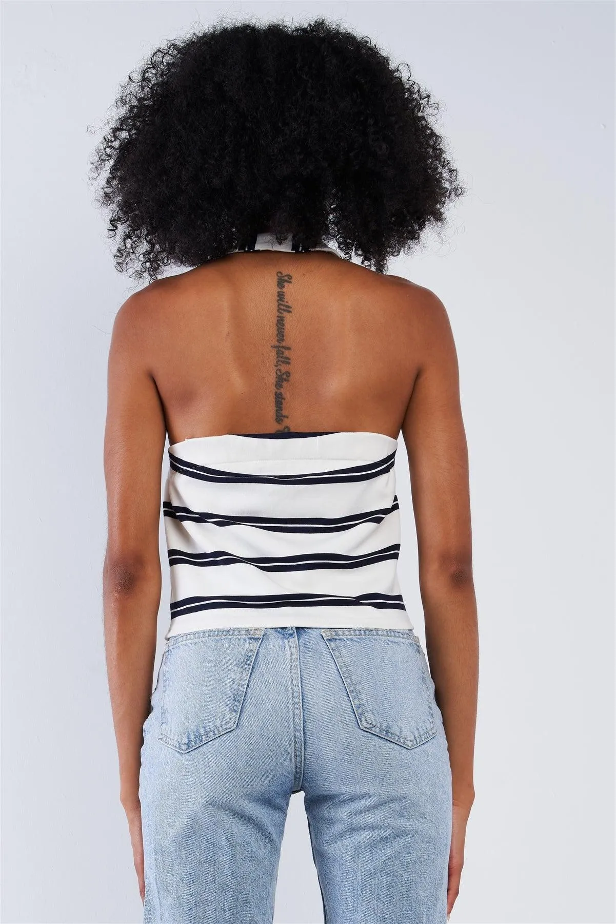 White And Navy Horizontal Double Stripe Sleeveless Loop Neckline Front Zipper Cropped Top /1-2-2-1