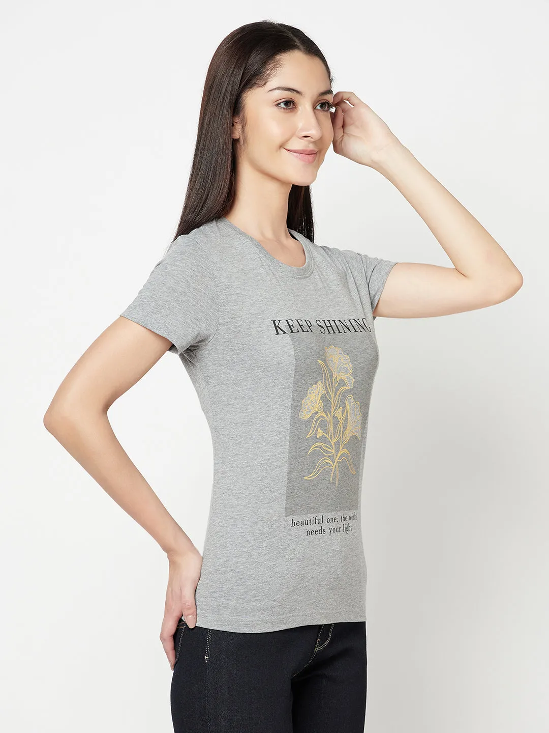 Women's Casual Regular Short Sleeve Grey Melange Round neck Graphic Print T-Shirt