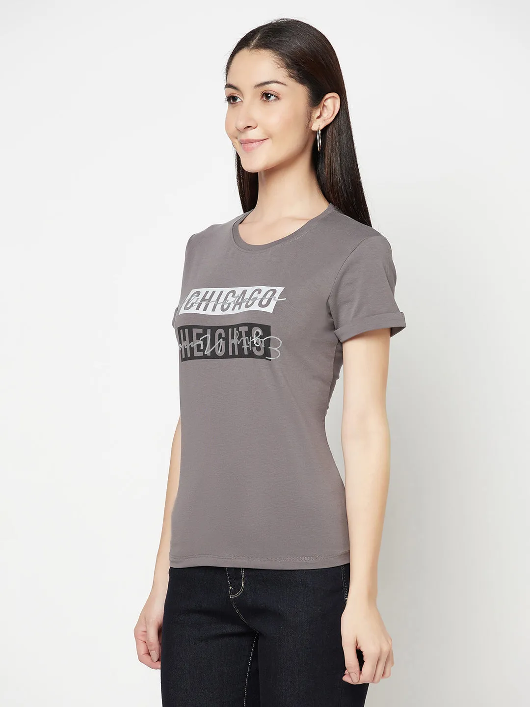 Women's Casual Regular Short Sleeve Grey   Round neck Typographic Print T-Shirt