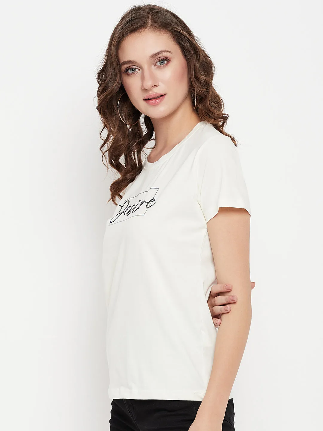 Women's Casual Regular Short Sleeve OffWhite Round neck Typographic Print T-Shirt