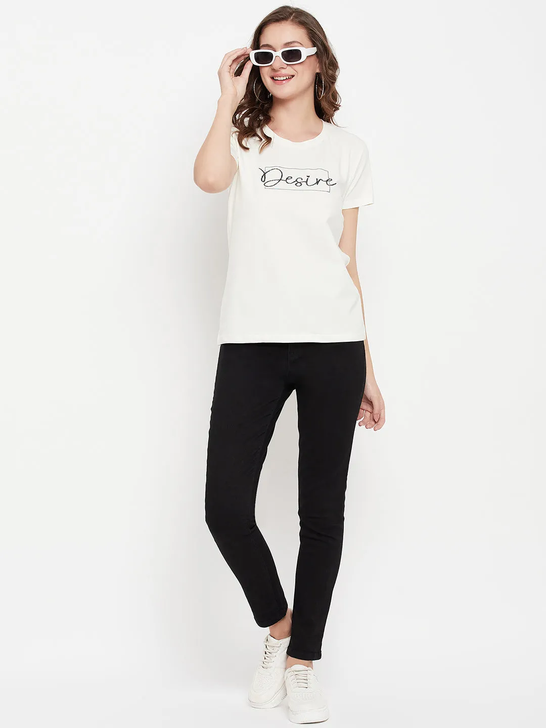 Women's Casual Regular Short Sleeve OffWhite Round neck Typographic Print T-Shirt