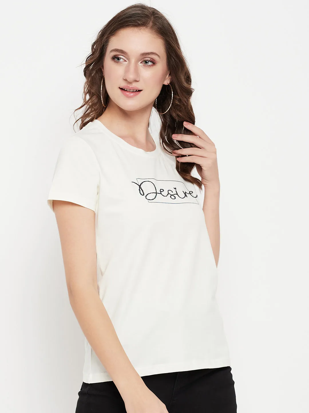 Women's Casual Regular Short Sleeve OffWhite Round neck Typographic Print T-Shirt