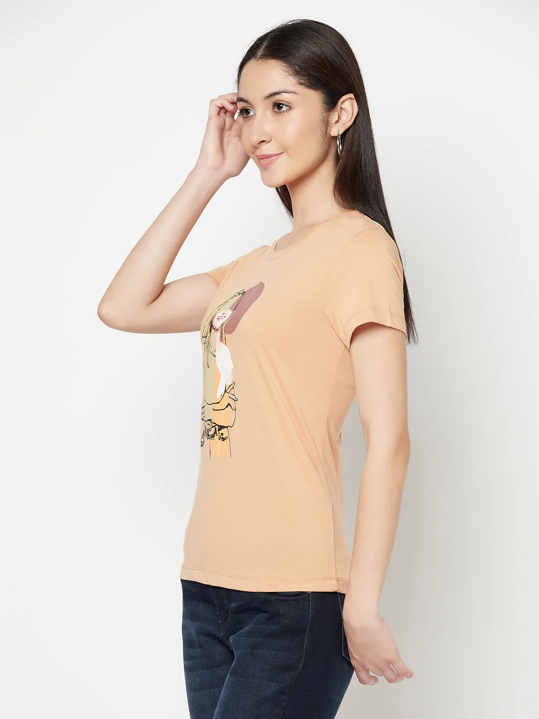 Women's Casual Regular Short Sleeve Peach Round neck Graphic Print T-Shirt