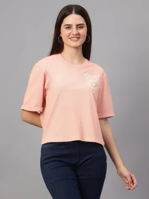 Women's Casual Regular Short Sleeve Peach Round neck Hi-density Print T-Shirt