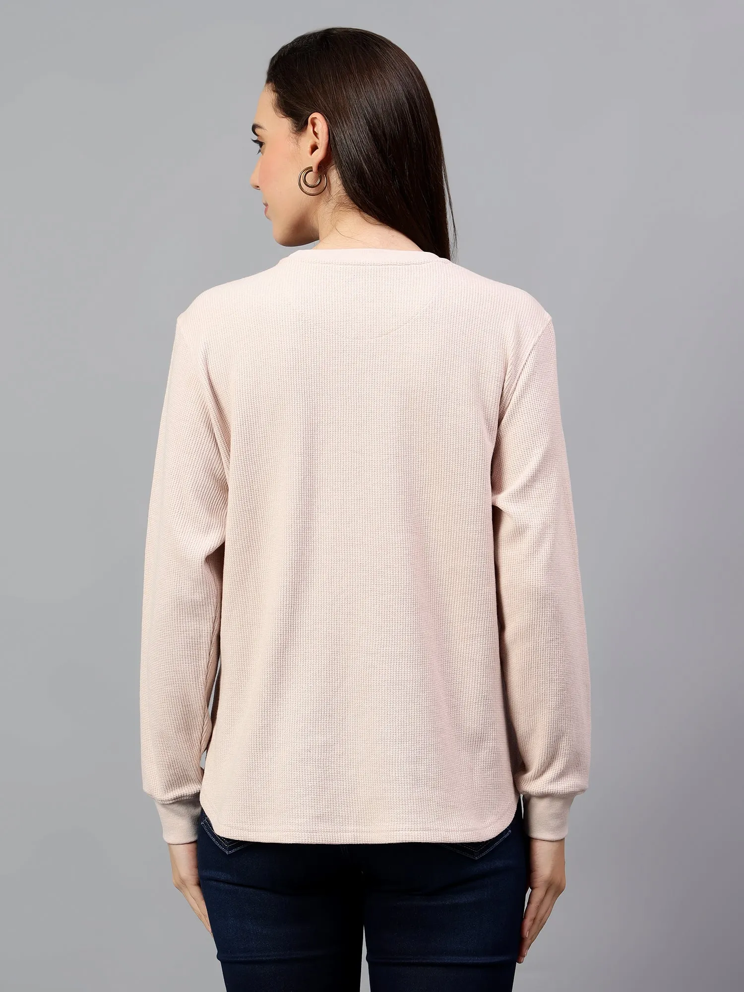 Women's Pink Self Design Round Neck Winter T-shirt