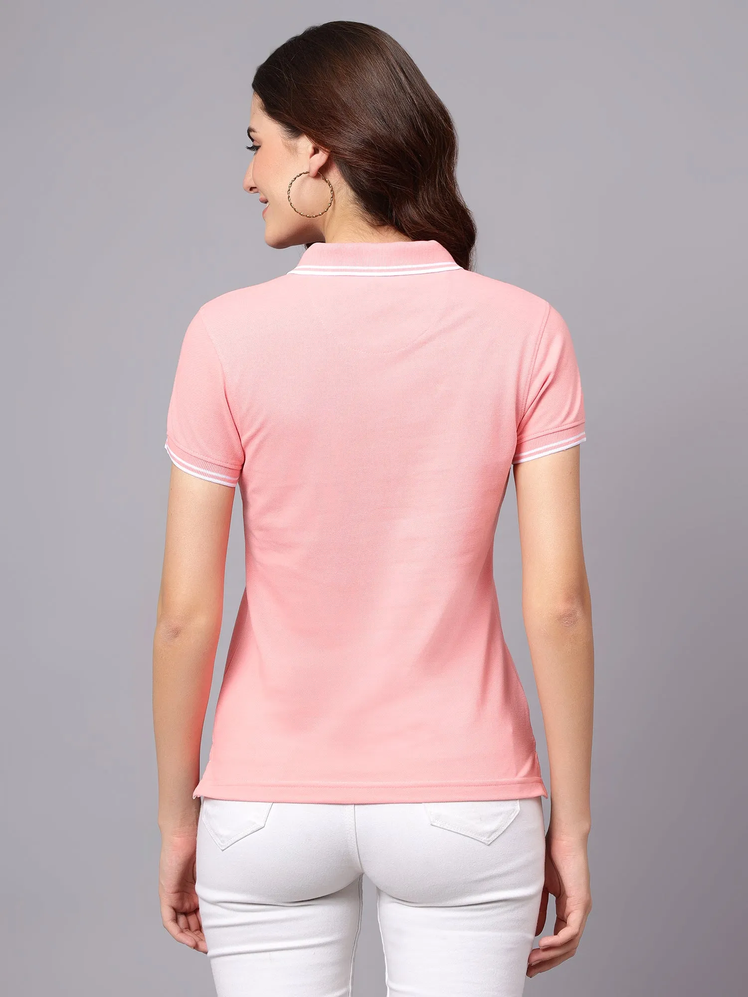 Women's Pink Solid Polo Neck T-shirt