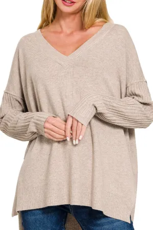 Zenana Maine Moment Heather Mocha Ribbed Hem & Sleeve V-Neck Sweater